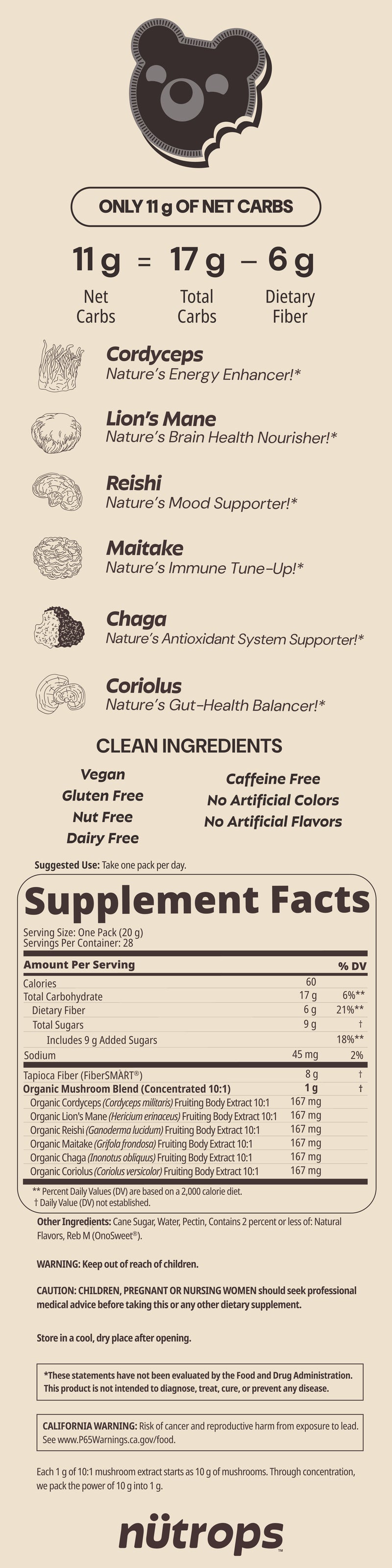 Nütrops Cosmic Cookies & Cream Low Sugar nutrition label