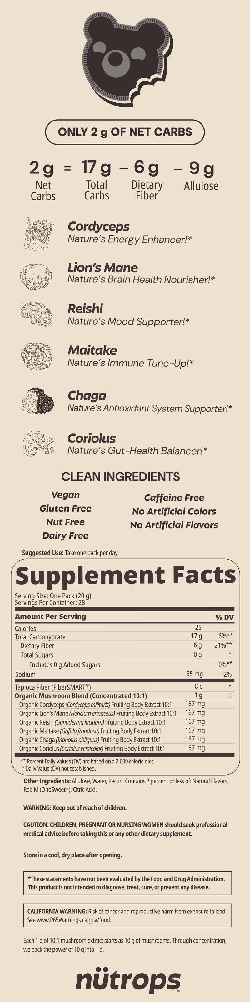 Nütrops Cosmic Cookies & Cream Sugar-Free nutrition label