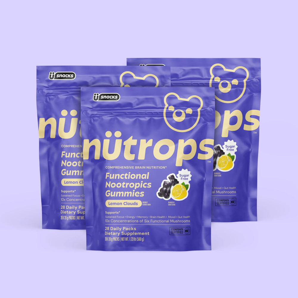 Nütrops Sugar-Free Superfood Gummies Quarterly, comprehensive brain nutrition, functional nootropics gummies, 3 Pouches with 28 daily packs, 6 functional mushrooms
